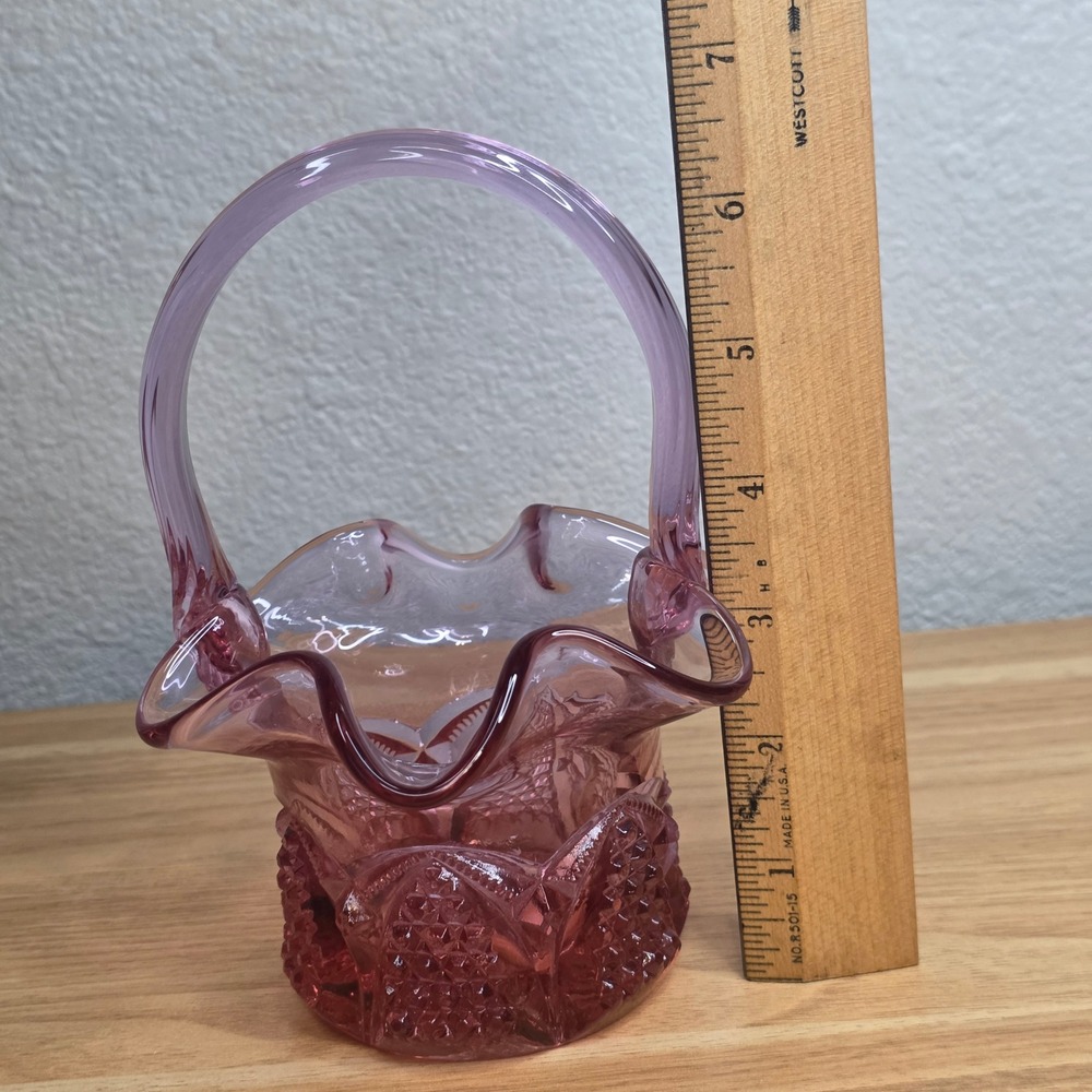 Fenton Dusty Rose Pink Button and Arches Glass Basket Twisted Handle Vintage MCM - Picture 5 of 11